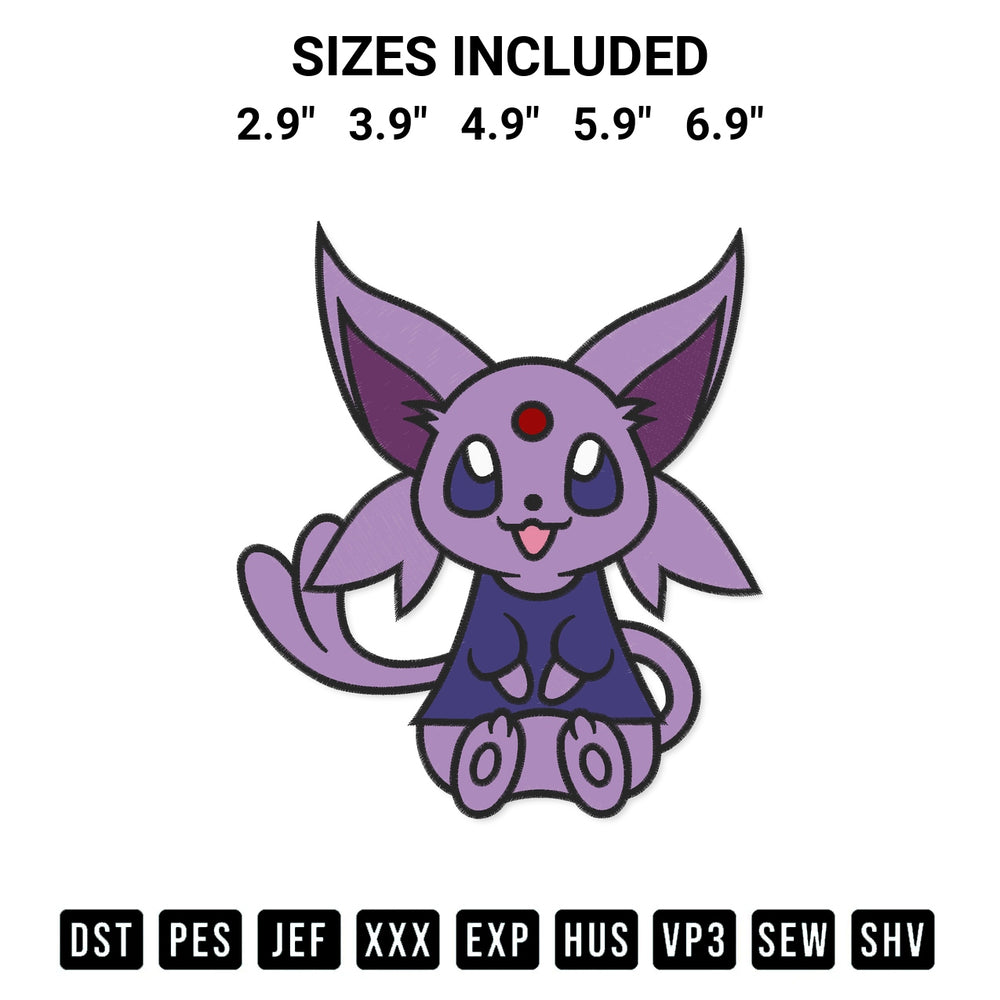 Create amazing crafts with the Espeon Pokemon Embroidery Design embroidery file. High-quality digital download from Designspacks.com, perfect for beginners and pros. Available sizes: 2.9", 3.9", 4.9", 5.9", 6.9".