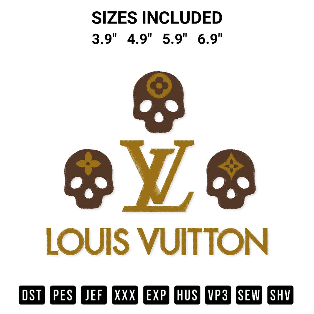 Stitch like a pro with the Louis Vuitton Skull Embroidery Design embroidery pattern from Designspacks.com. High-quality digital machine embroidery file. Available sizes: 3.9", 4.9", 5.9", 6.9".