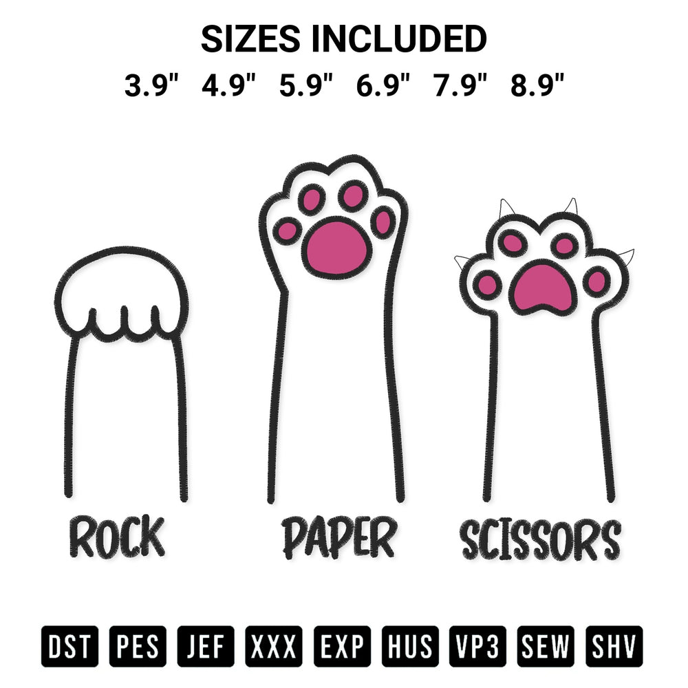 Shop the Rock Paper Scissors Cat Embroidery Design machine embroidery pattern at Designspacks.com. Beautifully digitized for flawless stitching on any fabric. Available sizes: 3.9", 4.9", 5.9", 6.9", 7.9", 8.9".
