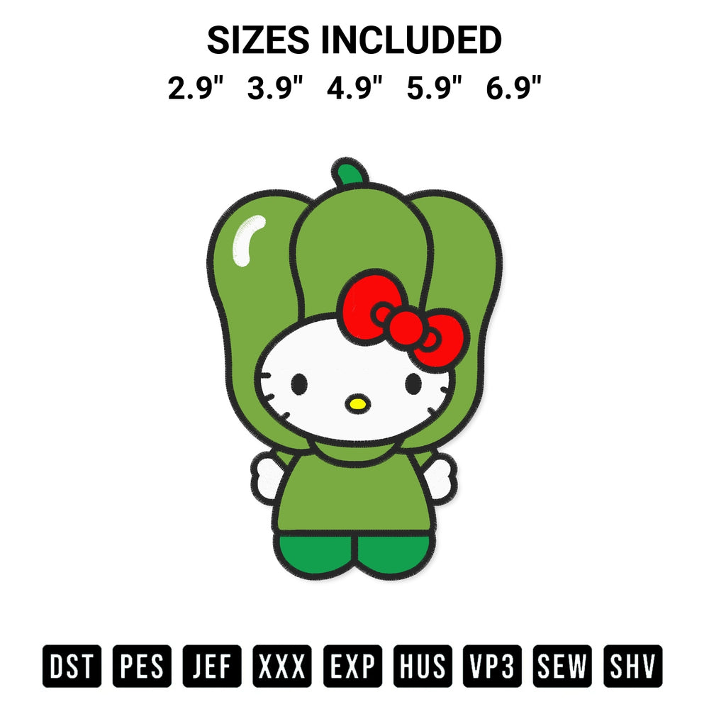 Transform your fabrics with the Hello Kitty Bell Pepper Embroidery Design embroidery design. Instant access to premium digitized patterns at Designspacks.com. Available sizes: 2.9", 3.9", 4.9", 5.9", 6.9".