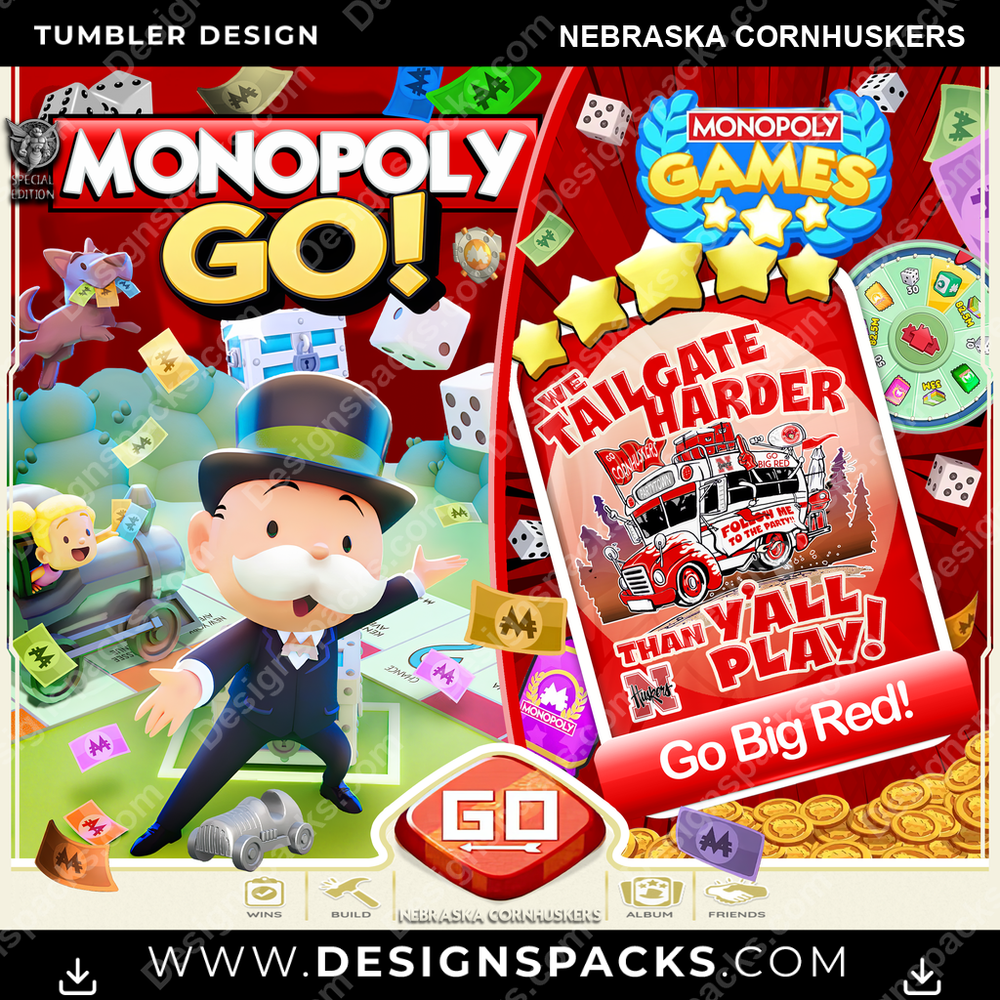 College Sport Monopoly Go! Nebraska Cornhuskers NCAA College Sport Tumbler Digital Wrap Design Download
