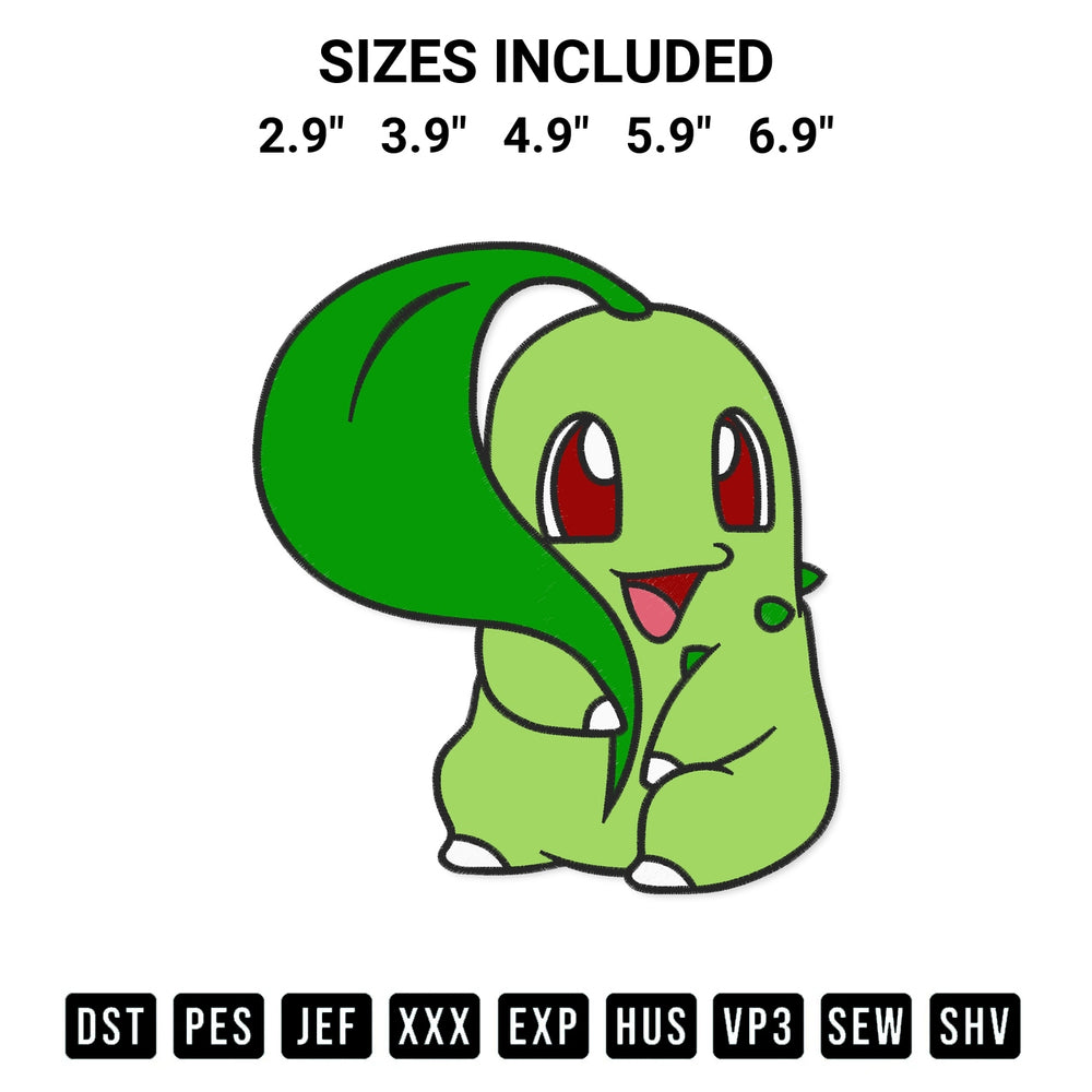Stitch like a pro with the Chikorita Pokemon Embroidery Design embroidery pattern from Designspacks.com. High-quality digital machine embroidery file. Available sizes: 2.9", 3.9", 4.9", 5.9", 6.9".