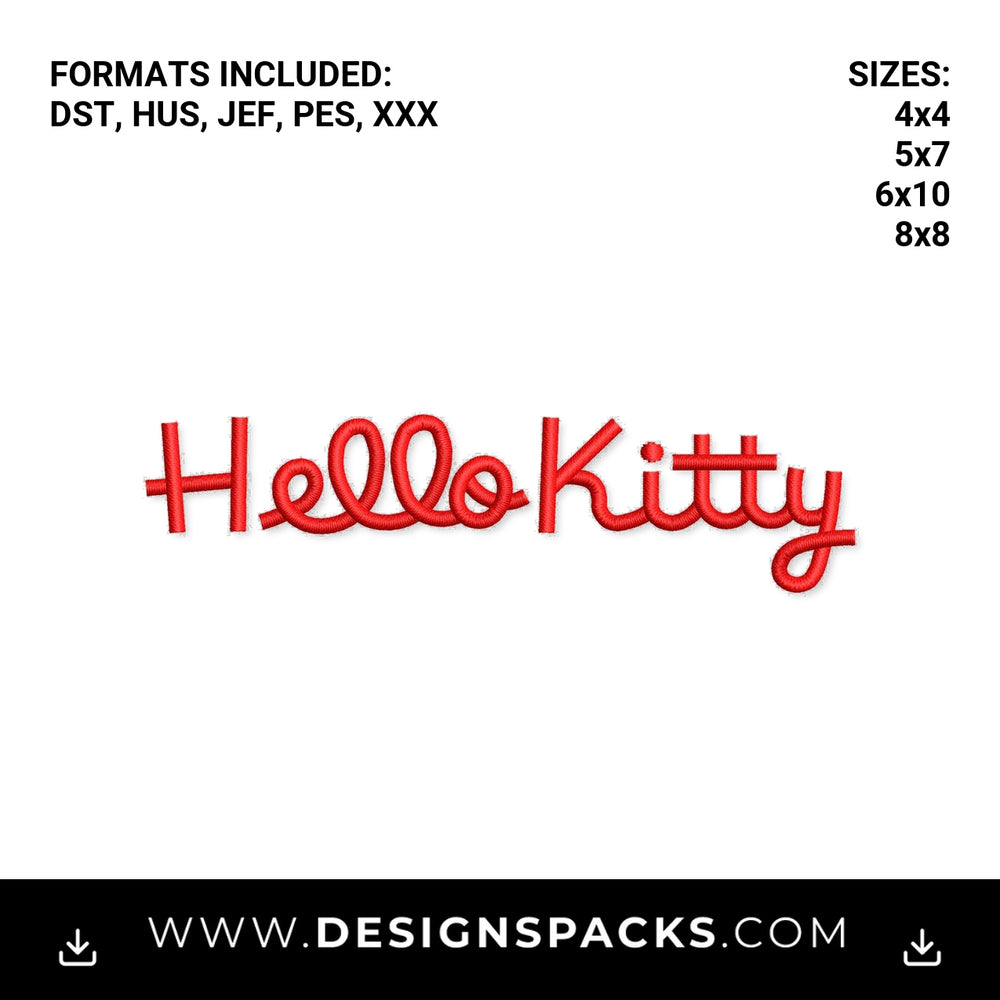 Hello Kitty Red Cursive Script Text Embroidery Design - Instant digital download pattern at Designspacks.com