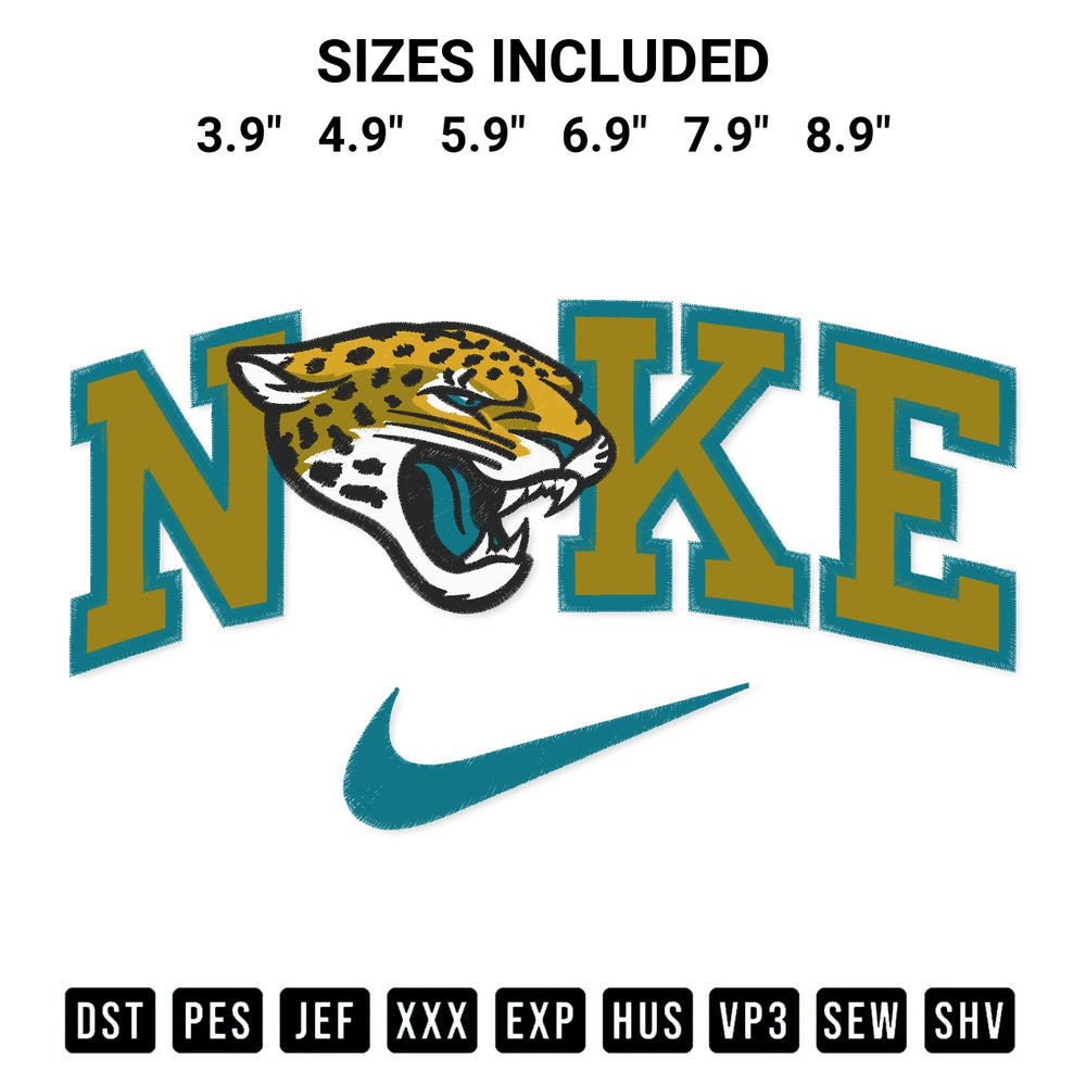 Transform your fabrics with the Jacksonville Jaguars X Nike Embroidery Design embroidery design. Instant access to premium digitized patterns at Designspacks.com. Available sizes: 3.9", 4.9", 5.9", 6.9", 7.9", 8.9".