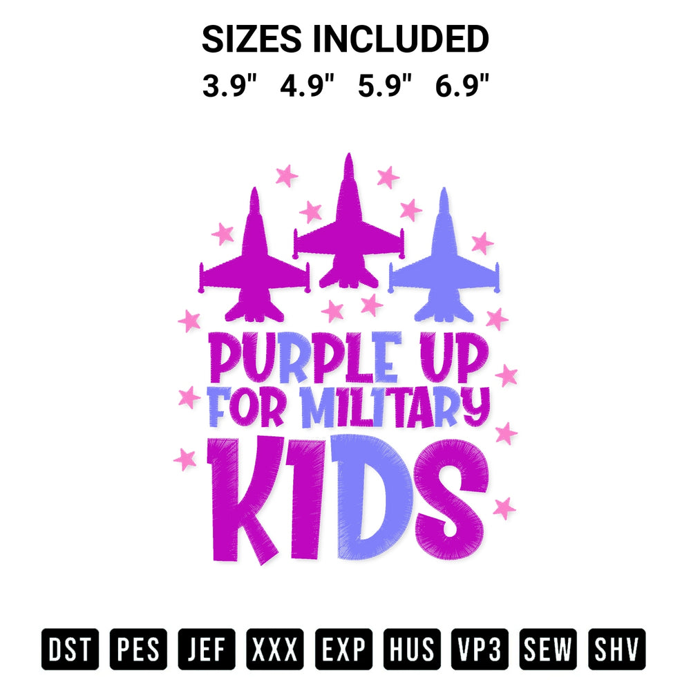 Get the Purple Up For Military Kids With Fighter Jets And Stars Embroidery Design embroidery design for your custom crafts! Premium digitized files available for instant download at Designspacks.com. Available sizes: 3.9", 4.9", 5.9", 6.9".