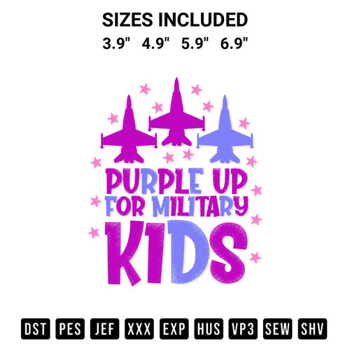 Get the Purple Up For Military Kids With Fighter Jets And Stars Embroidery Design embroidery design for your custom crafts! Premium digitized files available for instant download at Designspacks.com. Available sizes: 3.9