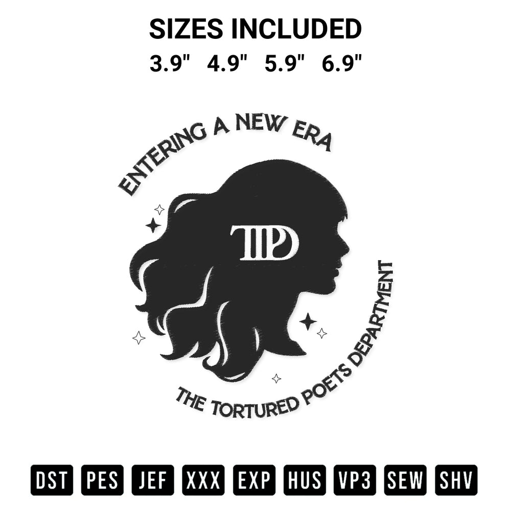Add a unique touch to your apparel with the Entering A New Era Ttpd Taylor Swift Embroidery Design embroidery file. Premium instant download available now on Designspacks.com. Available sizes: 3.9", 4.9", 5.9", 6.9".
