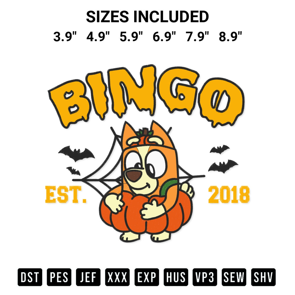 Stitch like a pro with the Bingo Halloween Est 2018 Embroidery Design embroidery pattern from Designspacks.com. High-quality digital machine embroidery file. Available sizes: 3.9", 4.9", 5.9", 6.9", 7.9", 8.9".