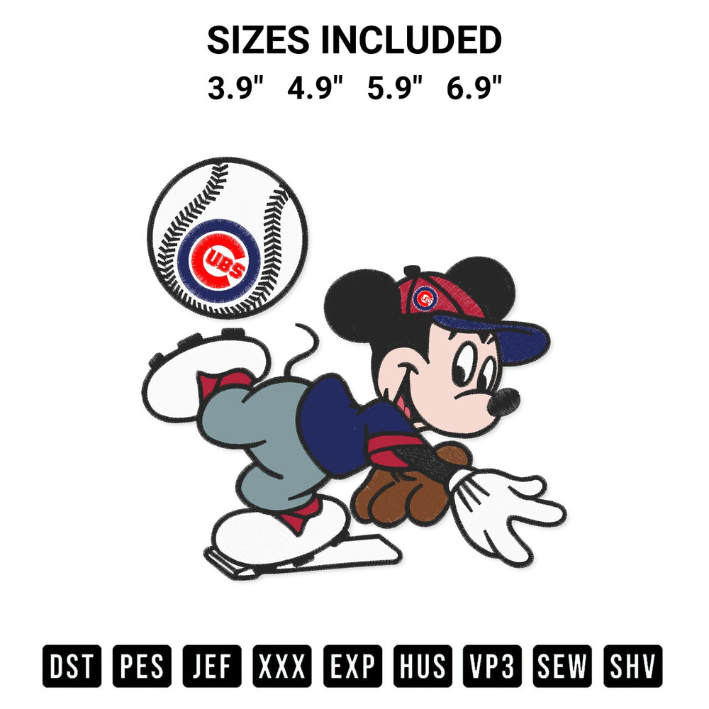 Shop the Baseball Chicago Cubs Mickey Mouse Embroidery Design machine embroidery pattern at Designspacks.com. Beautifully digitized for flawless stitching on any fabric. Available sizes: 3.9", 4.9", 5.9", 6.9".