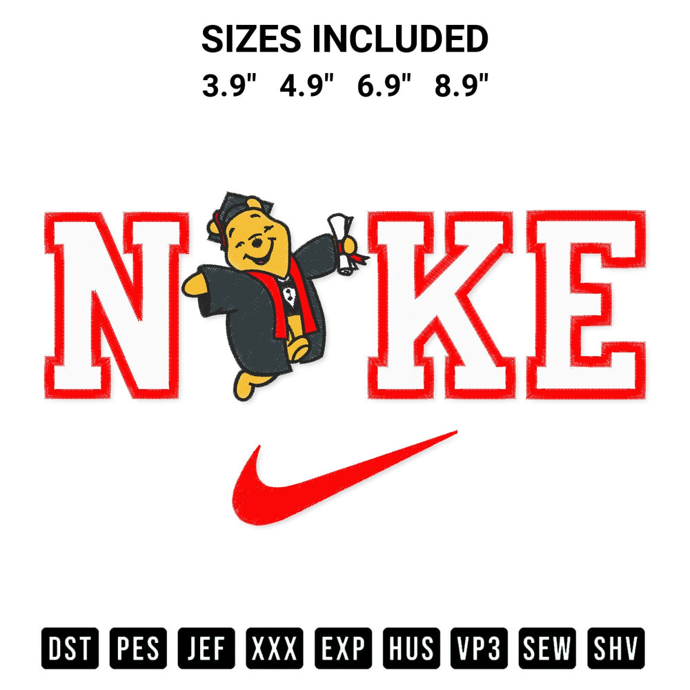Create amazing crafts with the Nike Winnie The Pooh Graduation Embroidery Design embroidery file. High-quality digital download from Designspacks.com, perfect for beginners and pros. Available sizes: 3.9", 4.9", 6.9", 8.9".
