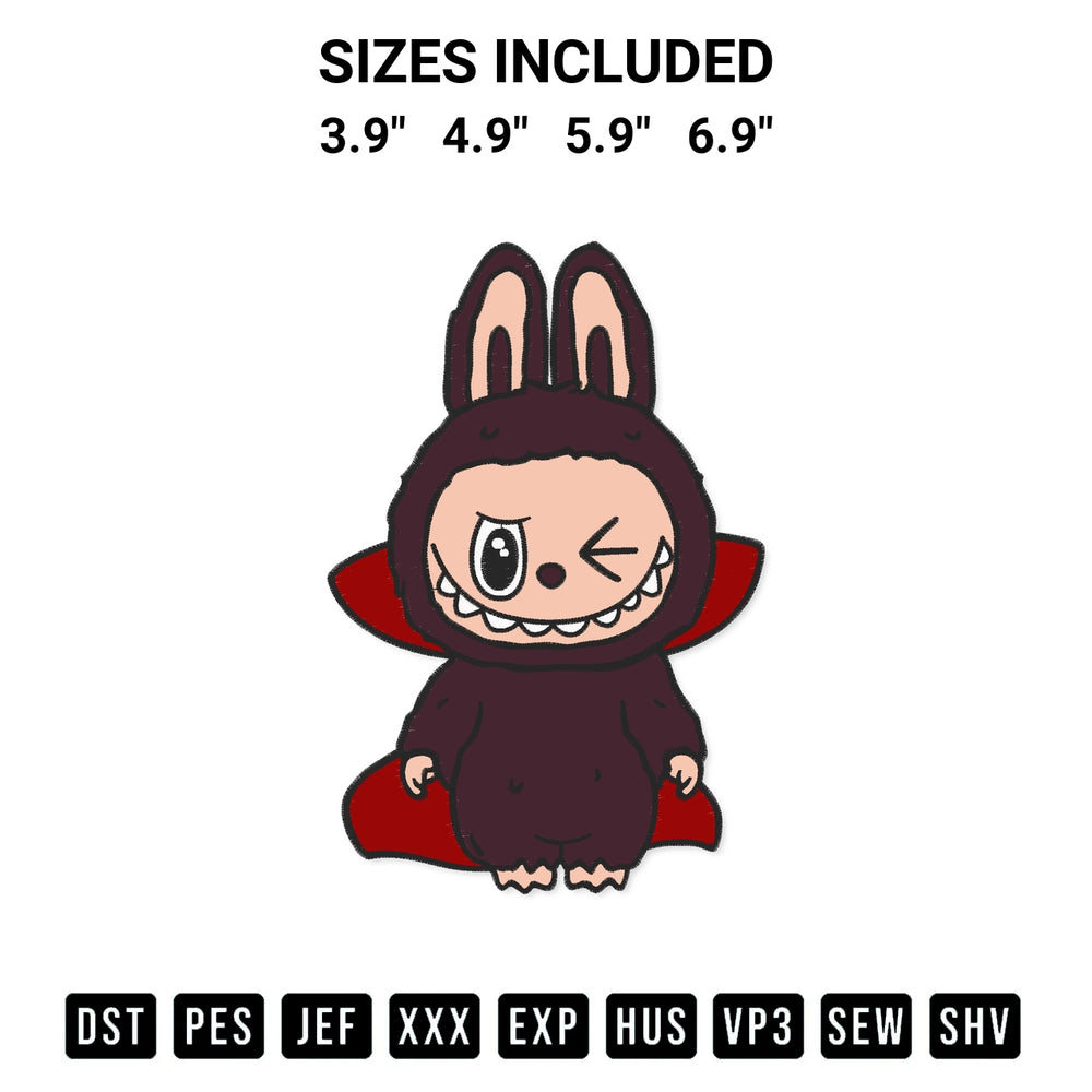 Discover the perfect addition to your crafting collection: Dracula Labubu Embroidery Design embroidery file. Instantly available at Designspacks.com. Available sizes: 3.9", 4.9", 5.9", 6.9".