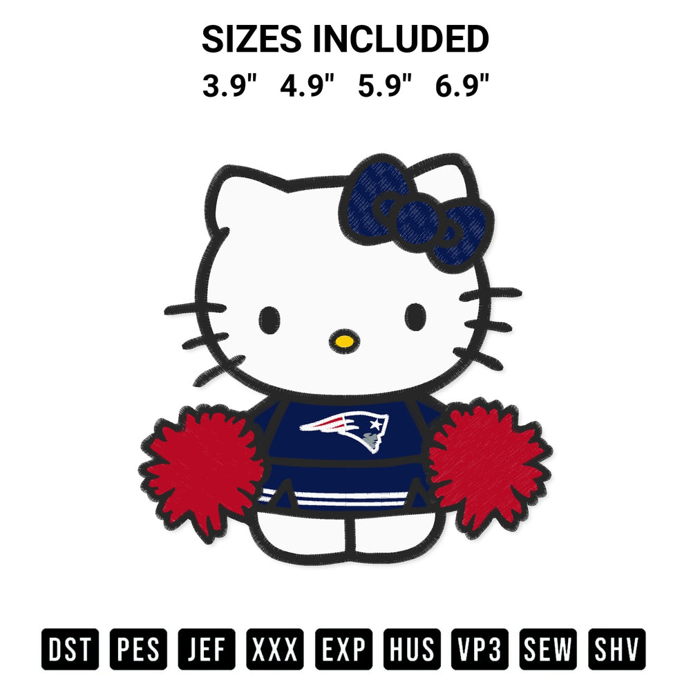 Transform your fabrics with the New England Patriots Hello Kitty Cheerleader Embroidery Design embroidery design. Instant access to premium digitized patterns at Designspacks.com. Available sizes: 3.9", 4.9", 5.9", 6.9".