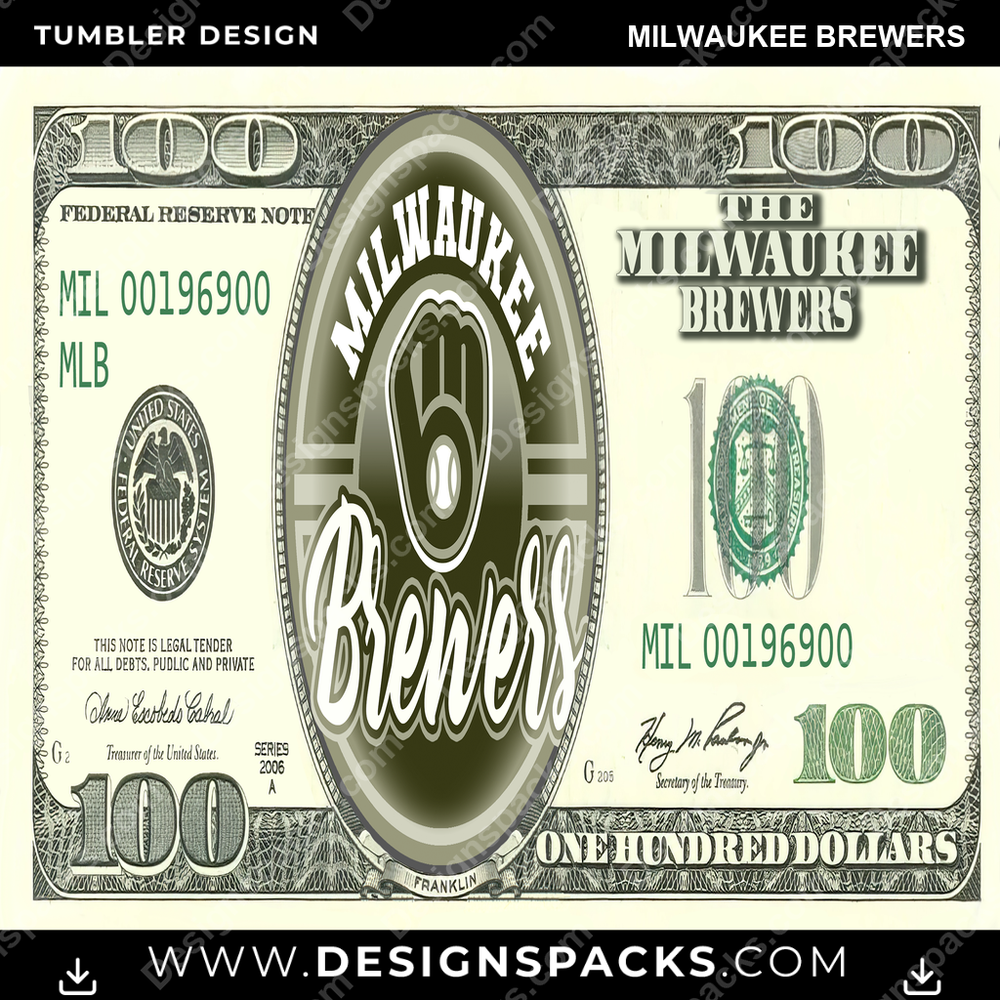 Diseño digital para vaso termo de los Milwaukee Brewers con billete de cien dólares de béisbol