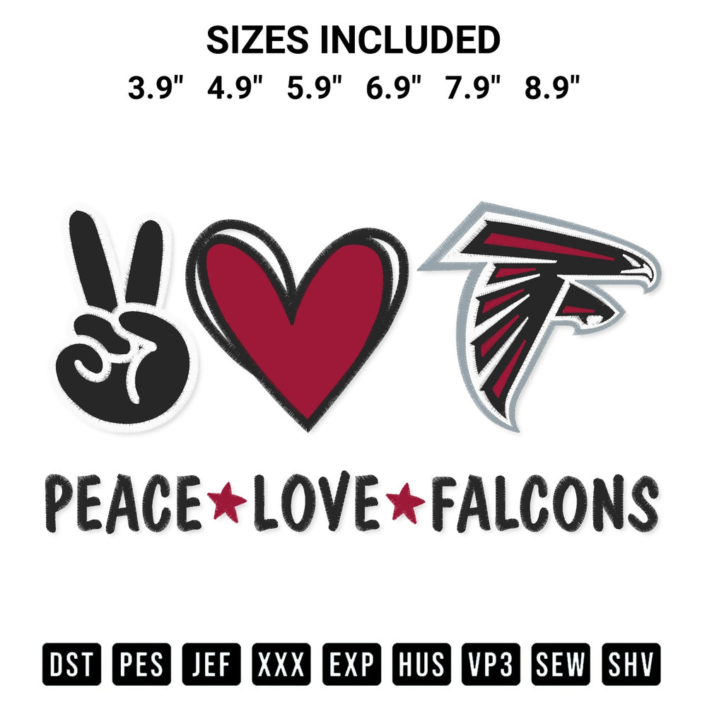 Shop the Peace Love Atlanta Falcons Embroidery Design machine embroidery pattern at Designspacks.com. Beautifully digitized for flawless stitching on any fabric. Available sizes: 3.9", 4.9", 5.9", 6.9", 7.9", 8.9".