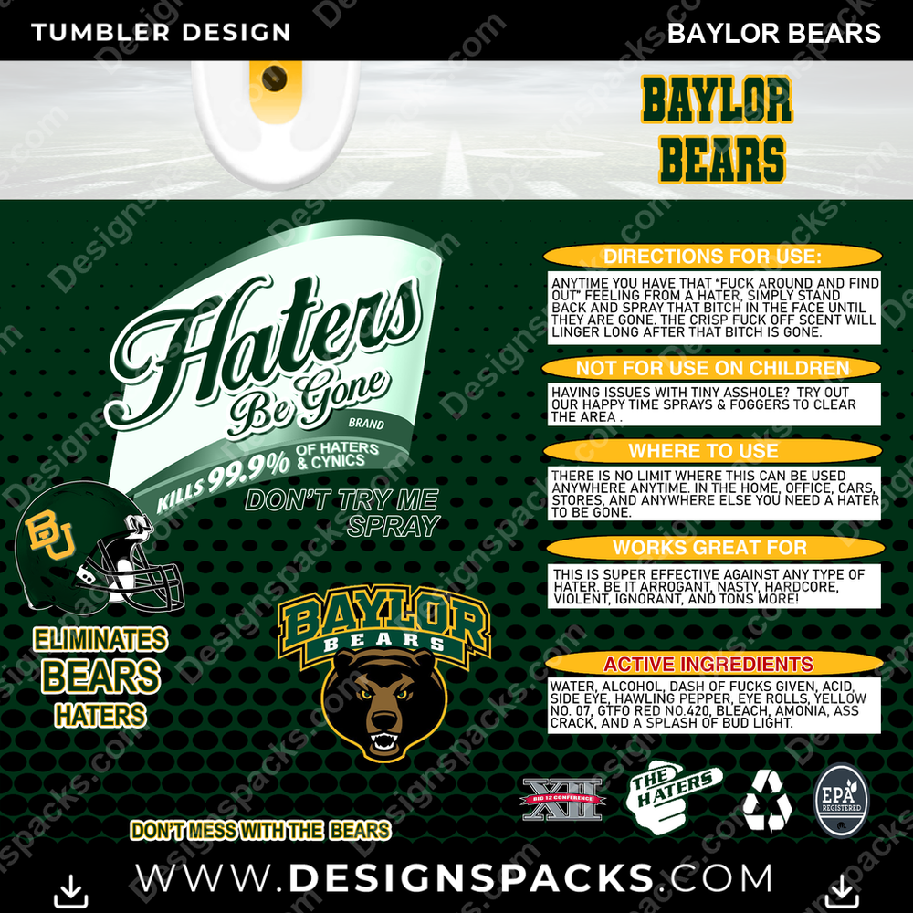 College Sport Haters Be Gone Baylor Bears Tumbler Digital Wrap Design