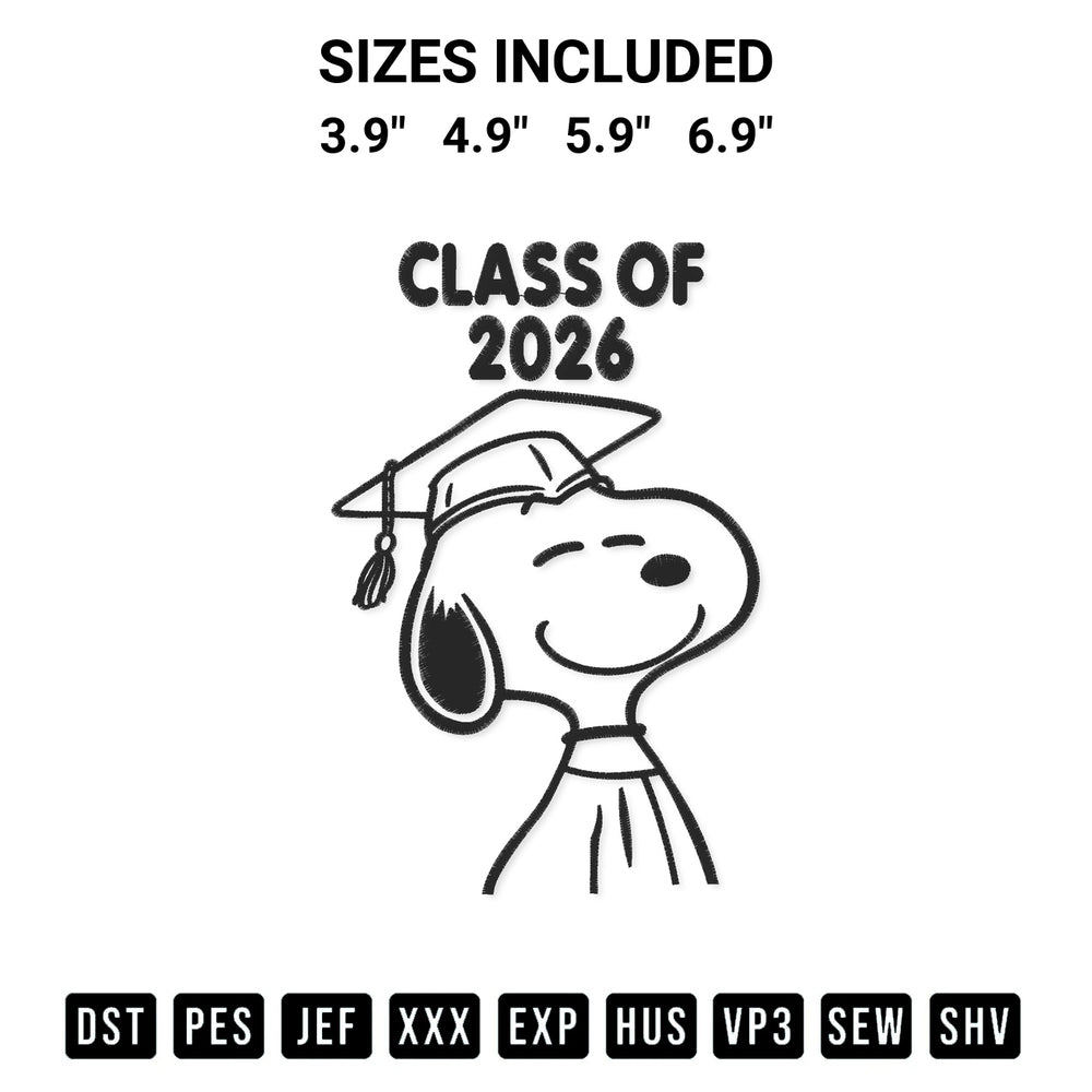 Elevate your next project with our Graduation Snoopy Class Of 2026 Embroidery Design embroidery file. Shop high-quality digital patterns instantly at Designspacks.com. Available sizes: 3.9", 4.9", 5.9", 6.9".