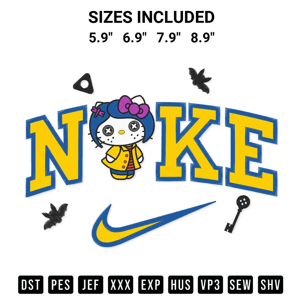 Download the Hello Kitty Coraline X Nike Embroidery Design machine embroidery design exclusively at Designspacks.com. Premium digitized pattern for apparel and DIY crafts. Available sizes: 5.9", 6.9", 7.9", 8.9".
