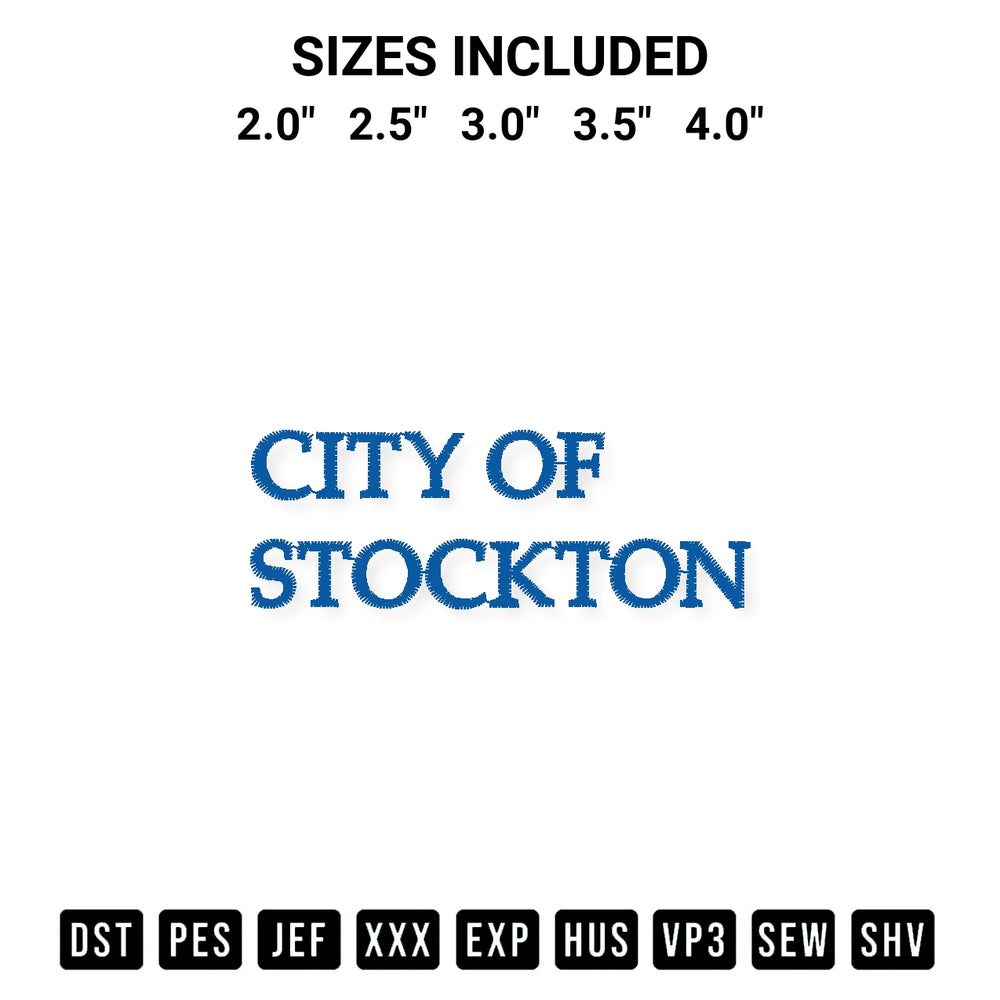 Download the City Of Stockton Embroidery Design machine embroidery design exclusively at Designspacks.com. Premium digitized pattern for apparel and DIY crafts. Available sizes: 2.0", 2.5", 3.0", 3.5", 4.0".