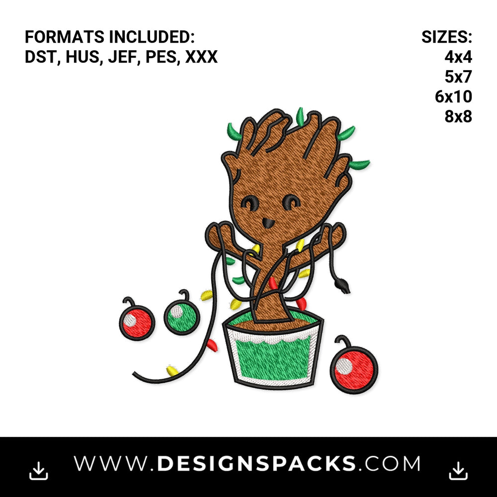 Christmas Baby Groot with Lights Embroidery Design - Instant digital download pattern at Designspacks.com