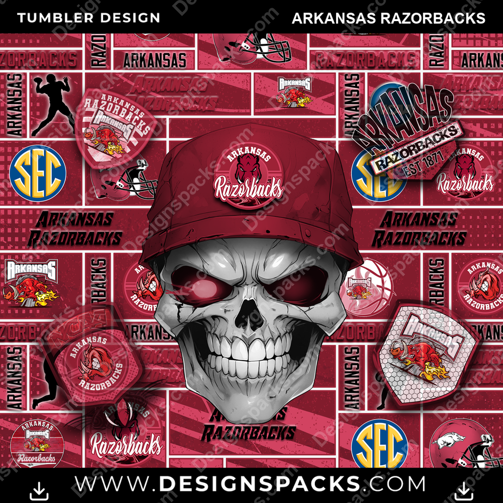 College Sport Skull Arkansas Razorbacks Tumbler Digital Wrap Design