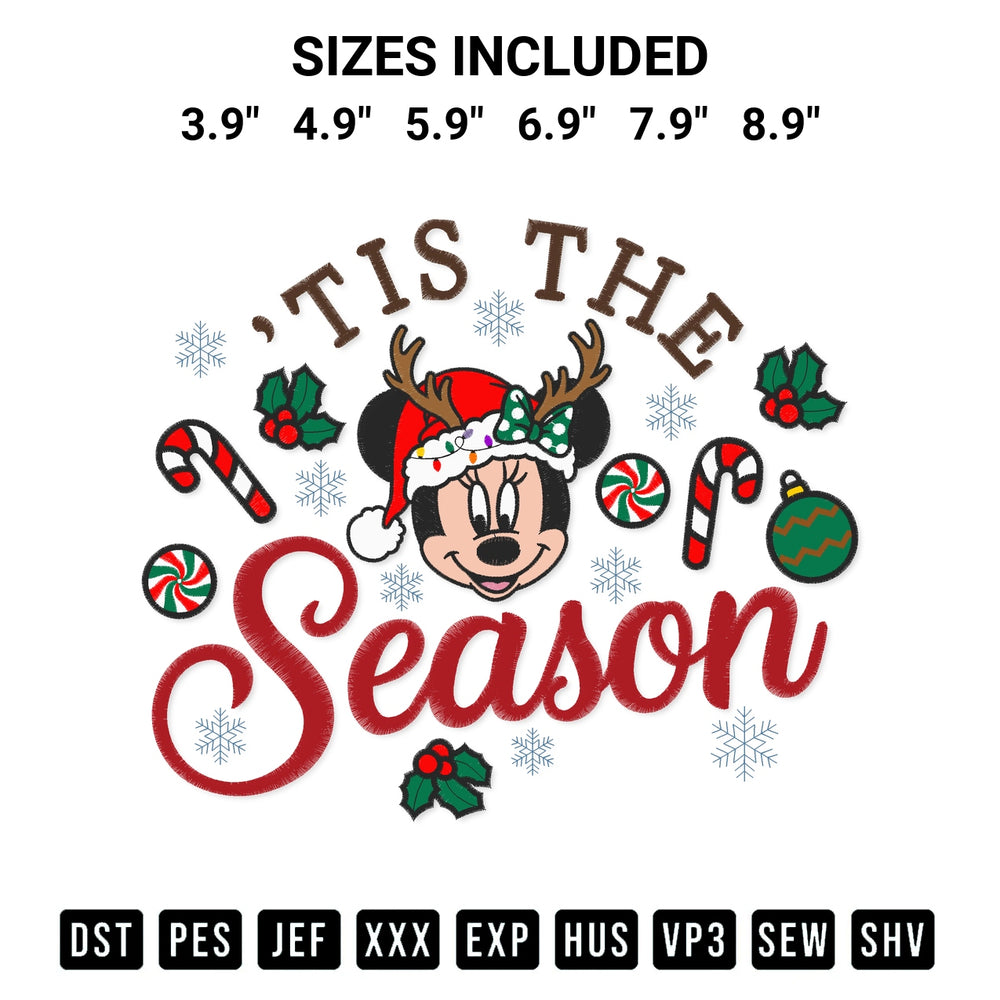 Create amazing crafts with the Minnie Face Tis The Season Christmas Embroidery Design embroidery file. High-quality digital download from Designspacks.com, perfect for beginners and pros. Available sizes: 3.9", 4.9", 5.9", 6.9", 7.9", 8.9".