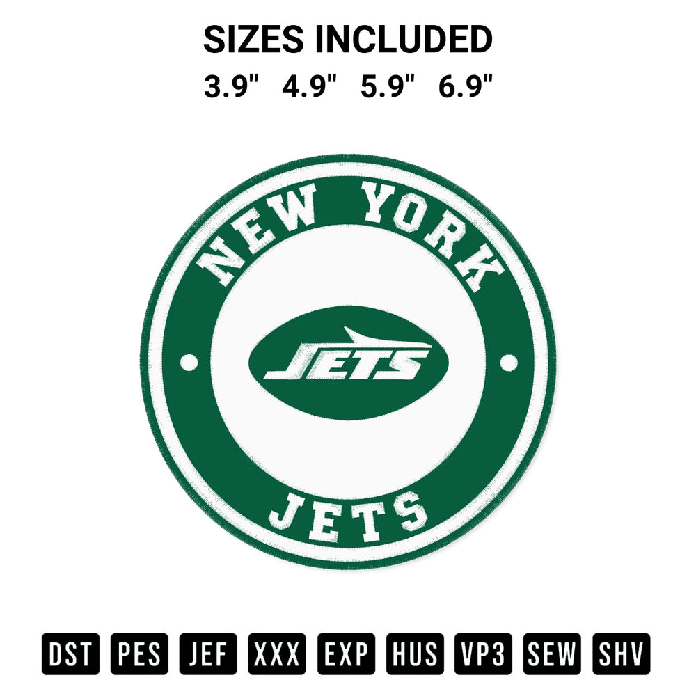 Get the New York Jets Circle Logo Embroidery Design embroidery design for your custom crafts! Premium digitized files available for instant download at Designspacks.com. Available sizes: 3.9", 4.9", 5.9", 6.9".
