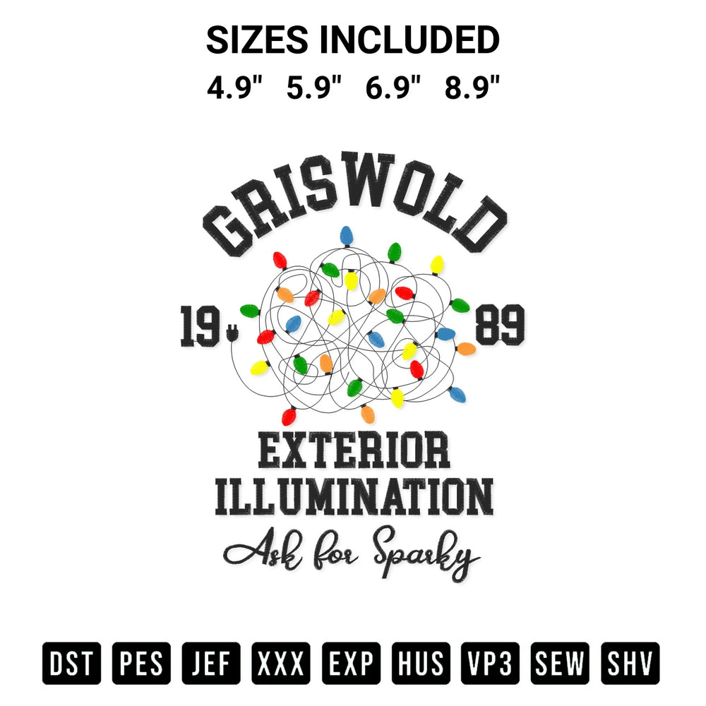 Stitch like a pro with the Griswold 1989 Exterior Illumination Embroidery Design embroidery pattern from Designspacks.com. High-quality digital machine embroidery file. Available sizes: 4.9", 5.9", 6.9", 8.9".