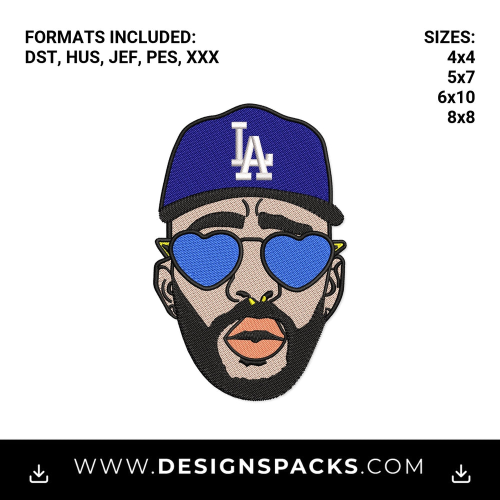 Bad Bunny LA Cap and Heart Sunglasses Embroidery Design - Instant digital download pattern at Designspacks.com