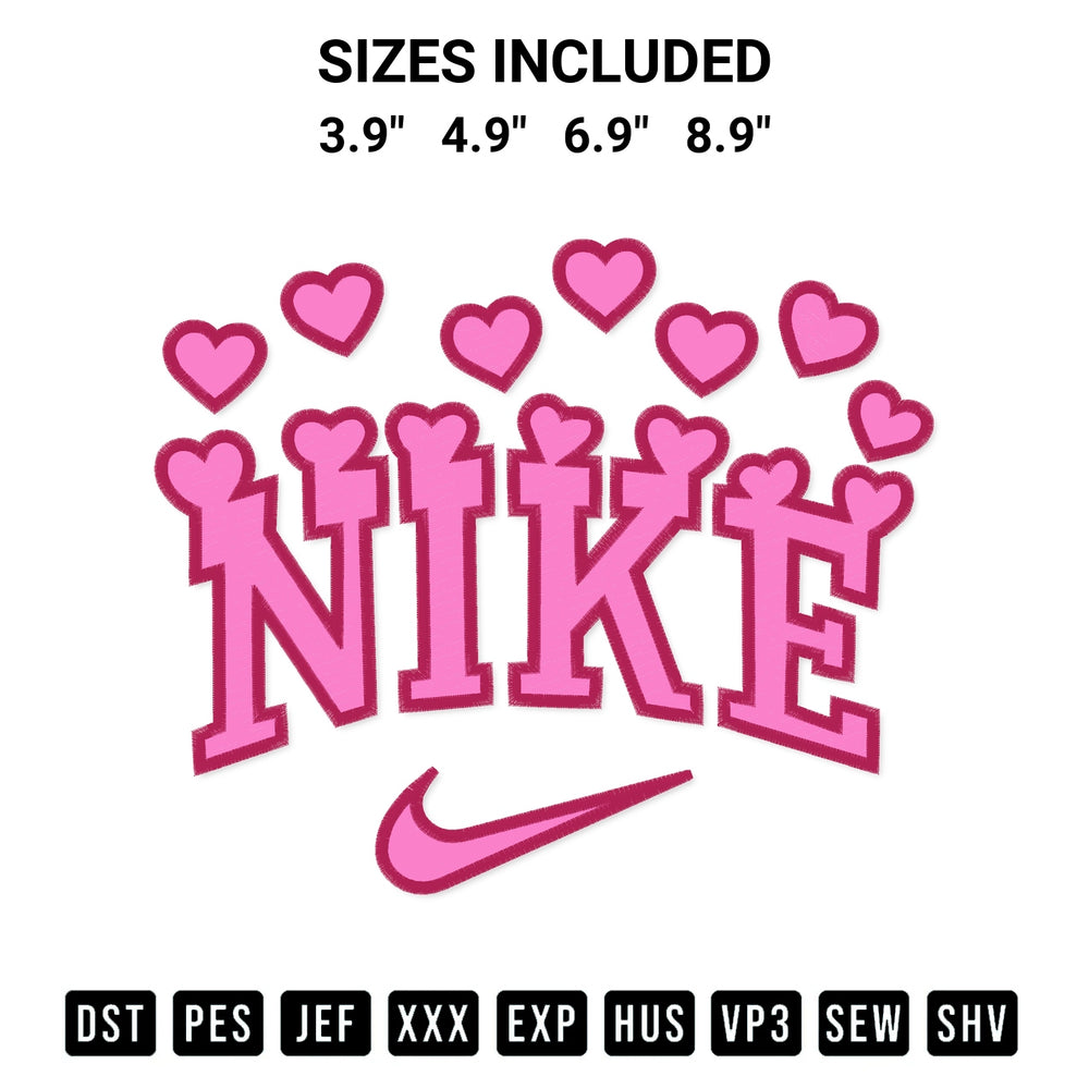 Transform your fabrics with the Nike Swoosh Hearts Embroidery Design embroidery design. Instant access to premium digitized patterns at Designspacks.com. Available sizes: 3.9", 4.9", 6.9", 8.9".