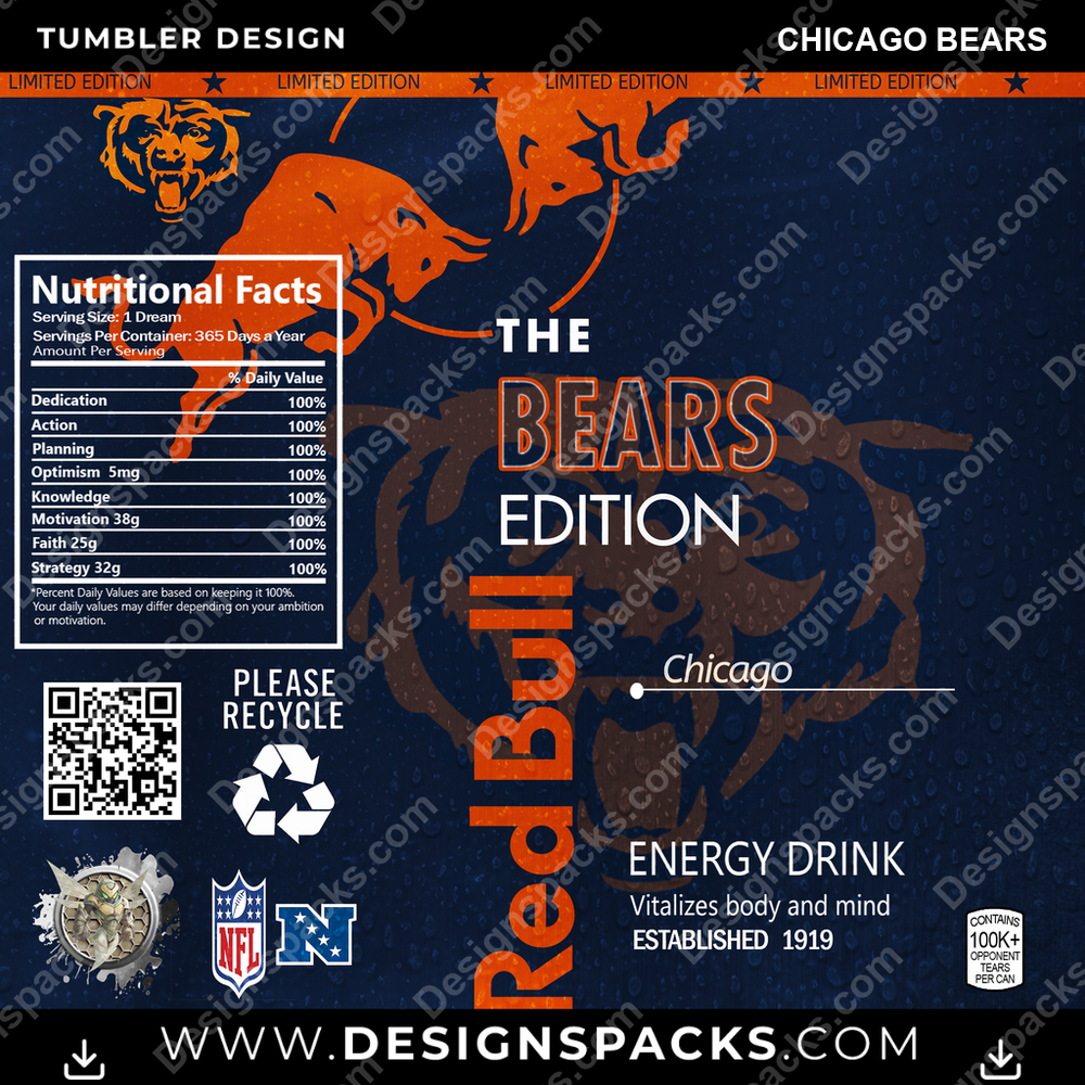 Football Red Bull Chicago Bears NFL Football Tumbler Digital Wrap Design Download