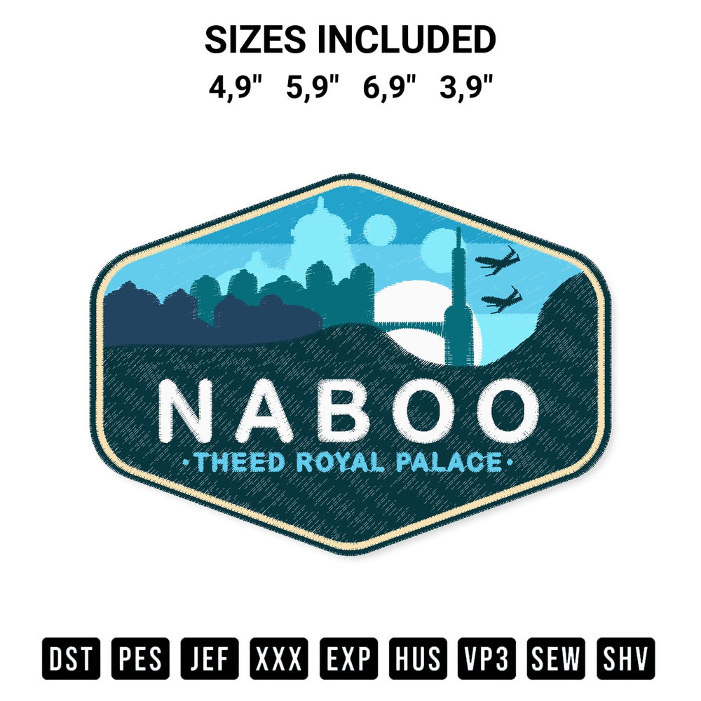 Shop the Naboo Theed Royal Palace Star Wars Naboo Planet Embroidery Design machine embroidery pattern at Designspacks.com. Beautifully digitized for flawless stitching on any fabric. Available sizes: 4,9", 5,9", 6,9", 3,9".