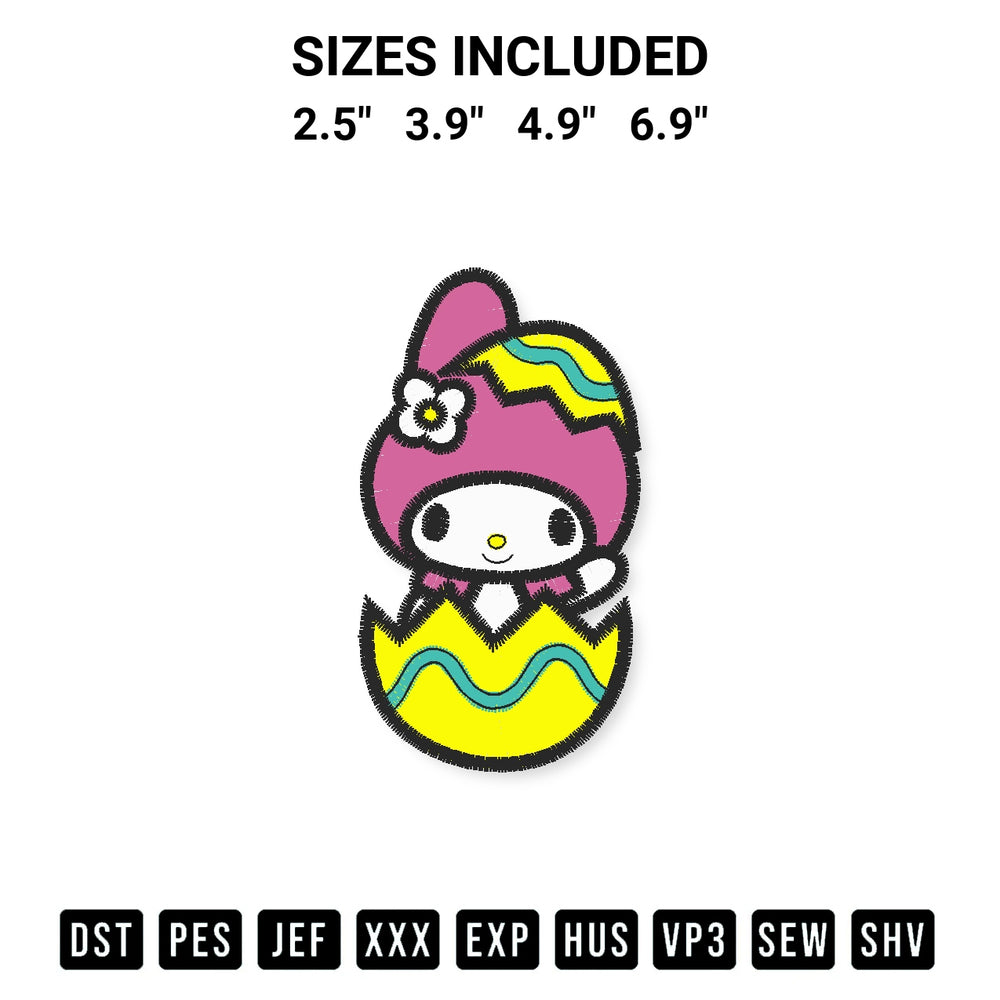 Download the Cute My Melody Easter Egg Embroidery Design machine embroidery design exclusively at Designspacks.com. Premium digitized pattern for apparel and DIY crafts. Available sizes: 2.5", 3.9", 4.9", 6.9".