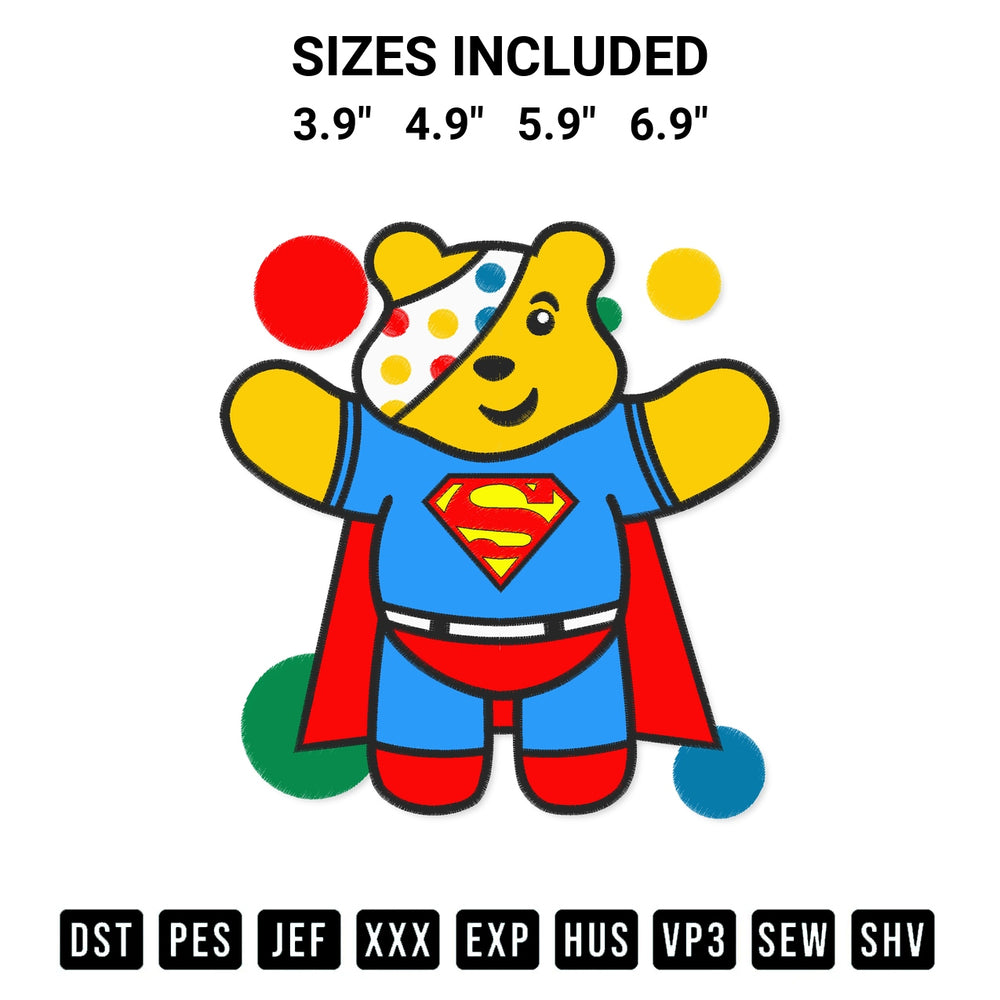 Get the Superman Pudsey Bear Embroidery Design embroidery design for your custom crafts! Premium digitized files available for instant download at Designspacks.com. Available sizes: 3.9", 4.9", 5.9", 6.9".