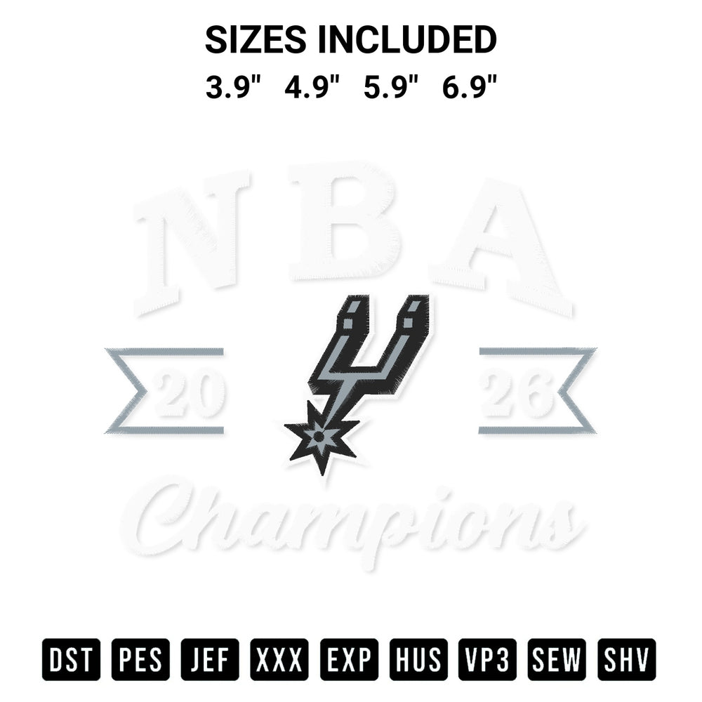 Discover the perfect addition to your crafting collection: San Antonio Spurs Nba 2026 Champions Embroidery Design embroidery file. Instantly available at Designspacks.com. Available sizes: 3.9", 4.9", 5.9", 6.9".