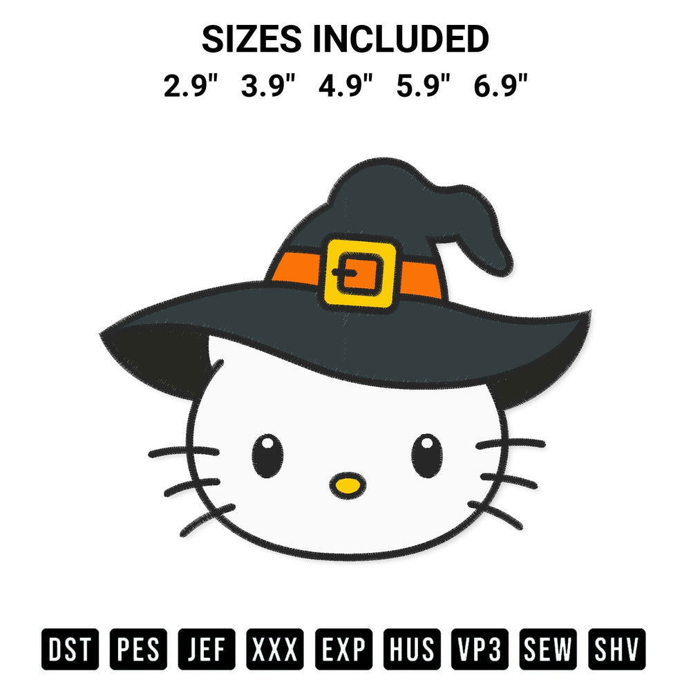 Stitch like a pro with the Face Hello Kitty Witch Embroidery Design embroidery pattern from Designspacks.com. High-quality digital machine embroidery file. Available sizes: 2.9", 3.9", 4.9", 5.9", 6.9".