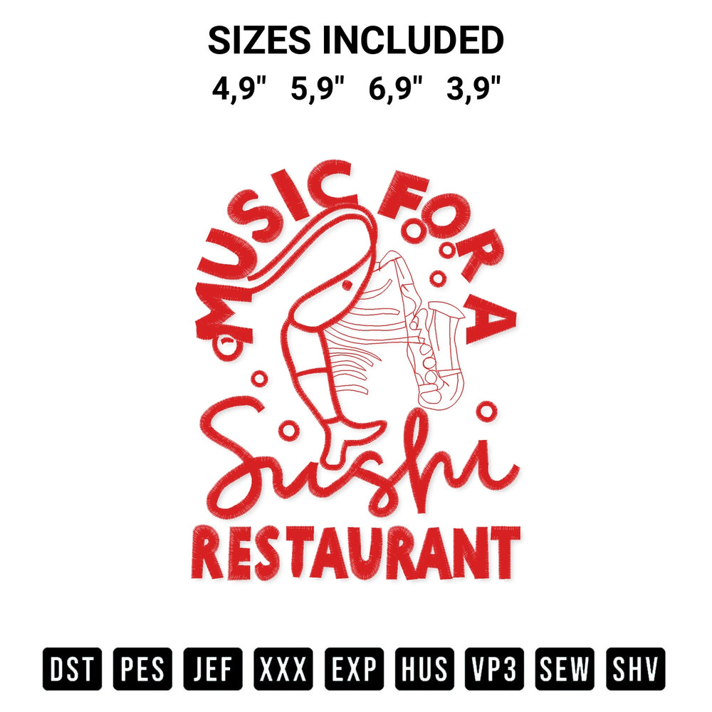 Get the Sushi Restaurant Mfasr Shrimp Band Logo Embroidery Design embroidery design for your custom crafts! Premium digitized files available for instant download at Designspacks.com. Available sizes: 4,9", 5,9", 6,9", 3,9".