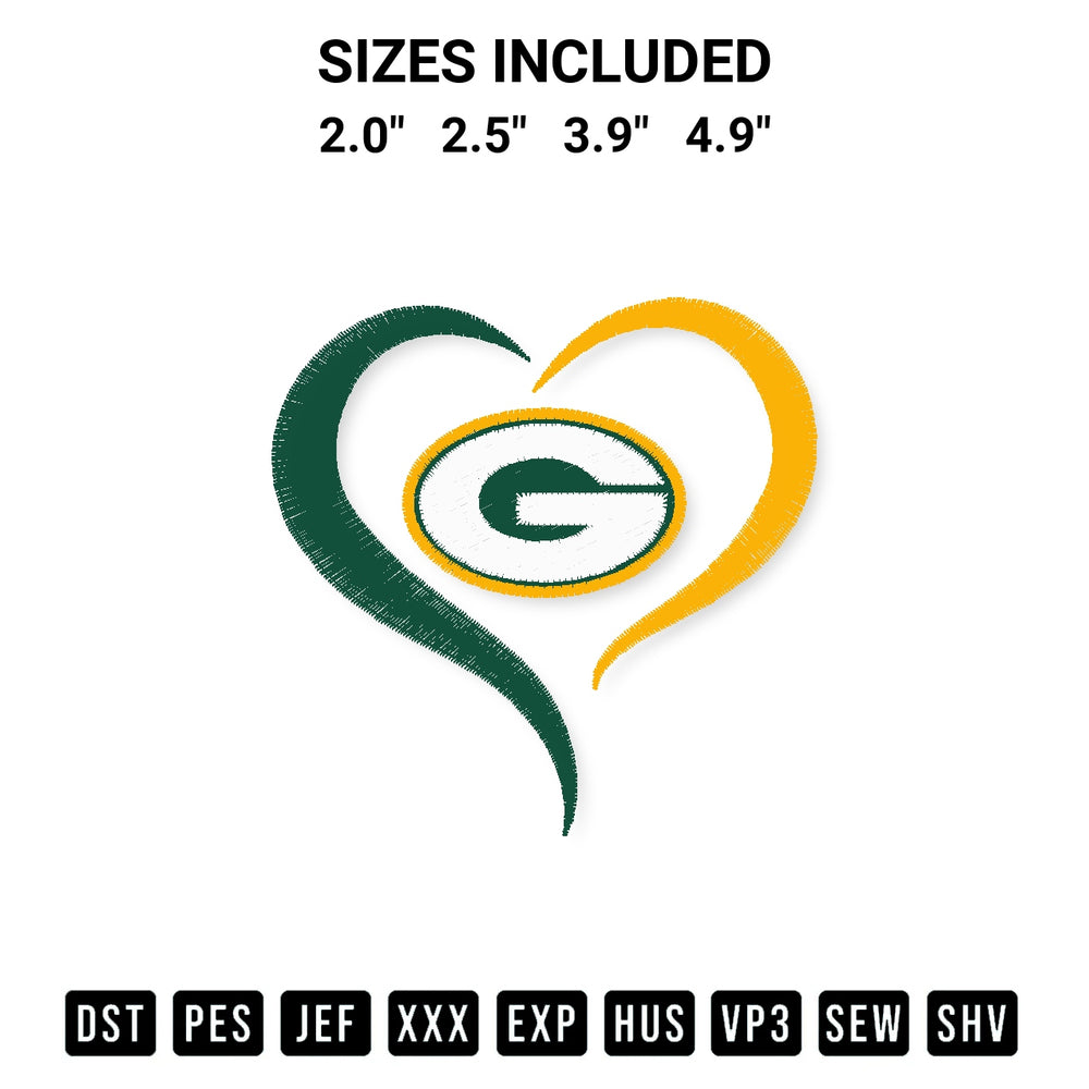 Transform your fabrics with the Nfl Green Bay Packers Heart Embroidery Design embroidery design. Instant access to premium digitized patterns at Designspacks.com. Available sizes: 2.0", 2.5", 3.9", 4.9".