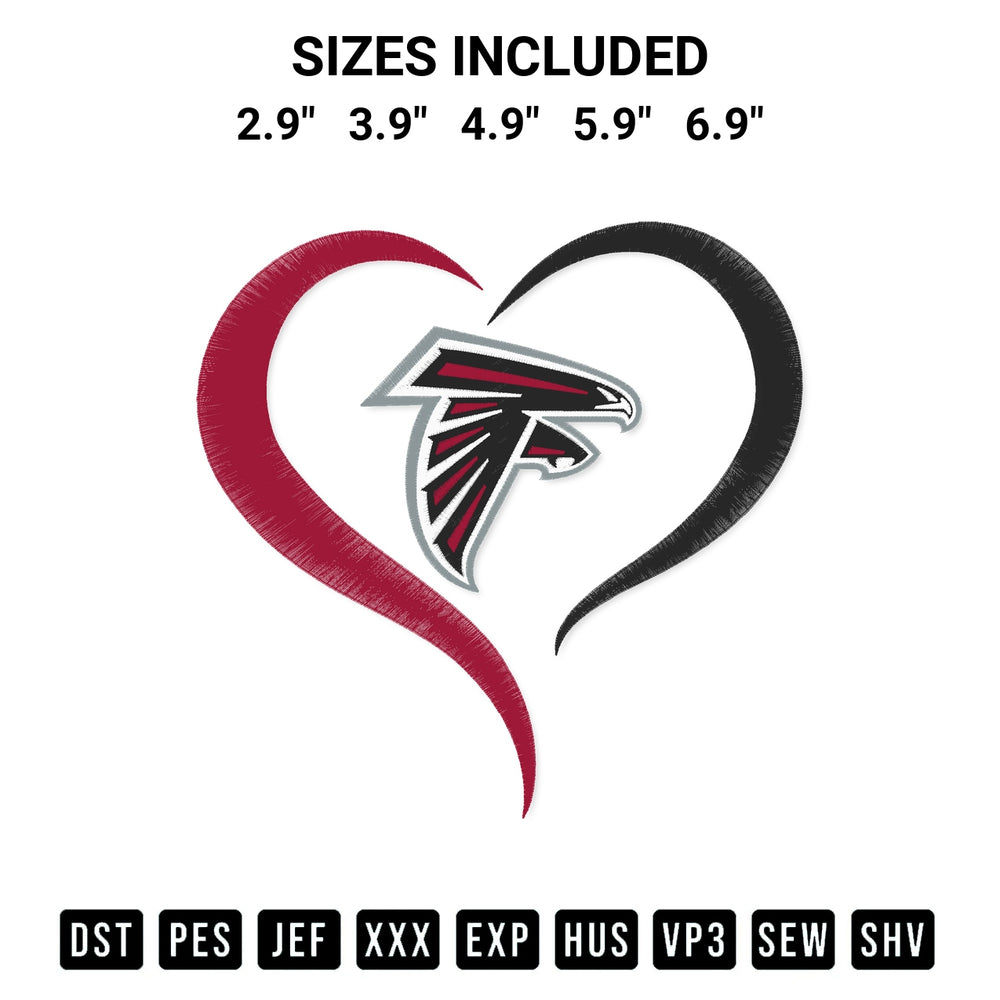Download the Atlanta Falcons Heart Embroidery Design machine embroidery design exclusively at Designspacks.com. Premium digitized pattern for apparel and DIY crafts. Available sizes: 2.9", 3.9", 4.9", 5.9", 6.9".