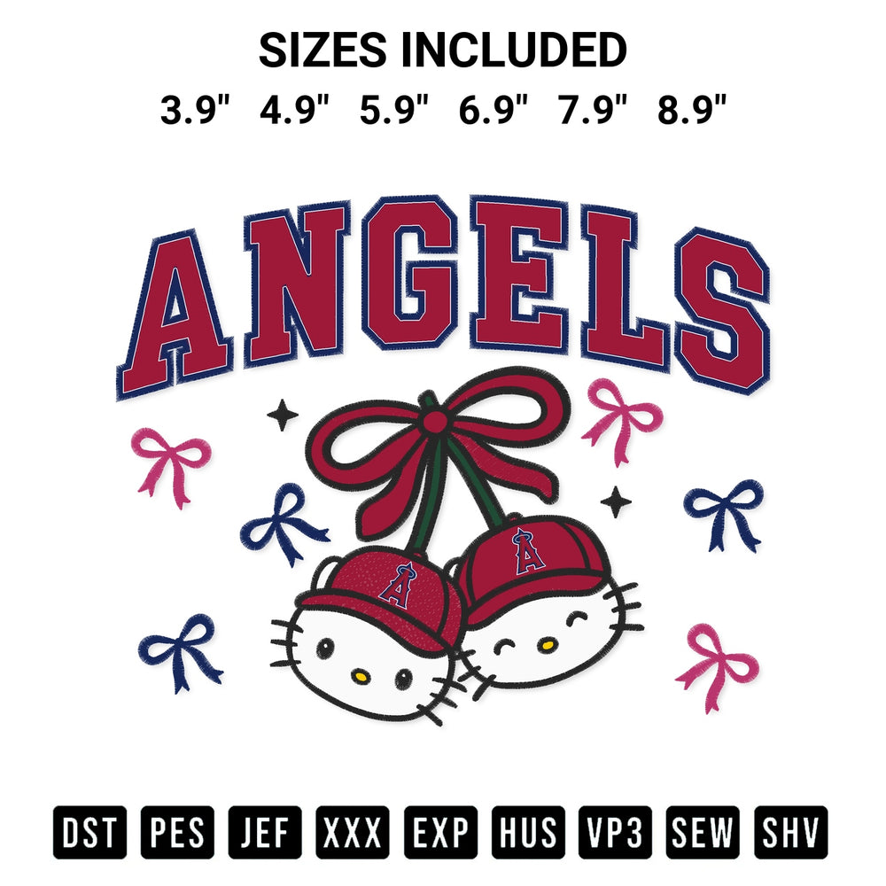 Discover the perfect addition to your crafting collection: Los Angeles Angels Hello Kitty Cherries Embroidery Design embroidery file. Instantly available at Designspacks.com. Available sizes: 3.9", 4.9", 5.9", 6.9", 7.9", 8.9".