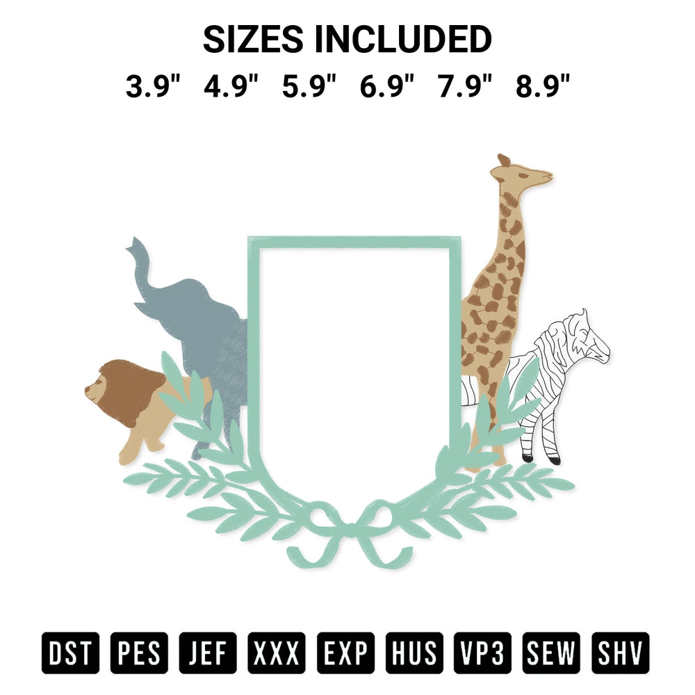 Transform your fabrics with the Safari Animals Banner Frame Embroidery Design embroidery design. Instant access to premium digitized patterns at Designspacks.com. Available sizes: 3.9", 4.9", 5.9", 6.9", 7.9", 8.9".
