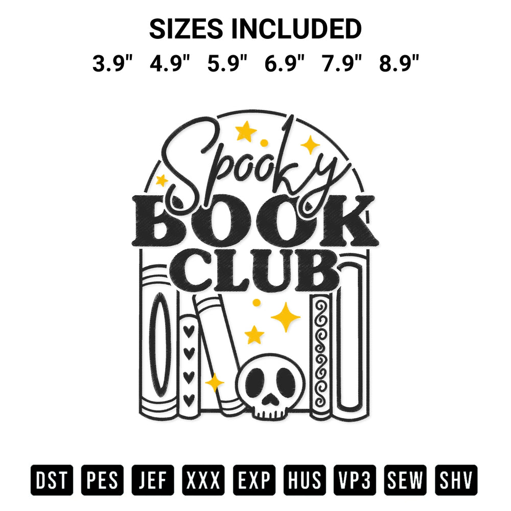 Transform your fabrics with the Spooky Book Club Horror Embroidery Design embroidery design. Instant access to premium digitized patterns at Designspacks.com. Available sizes: 3.9", 4.9", 5.9", 6.9", 7.9", 8.9".