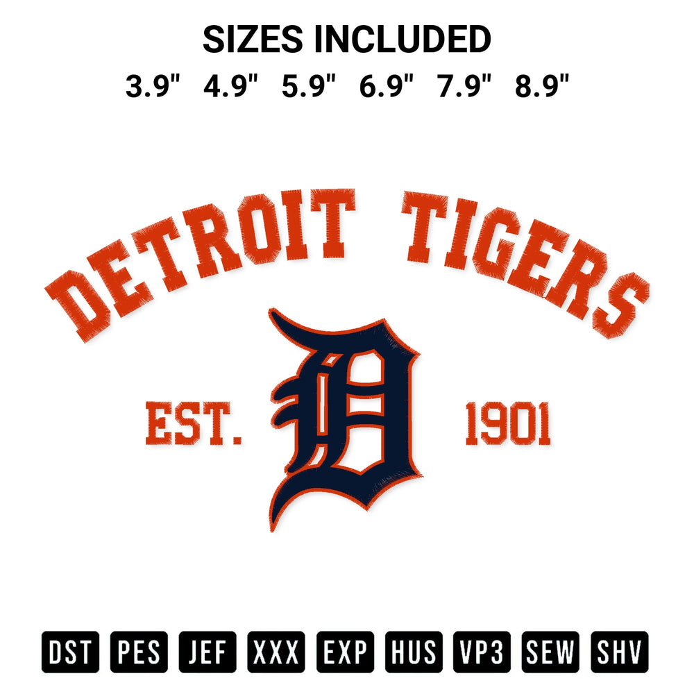 Looking for the perfect pattern? Download the Detroit Tigers Est 1901 Embroidery Design embroidery design today at Designspacks.com. Crisp, clean stitching guaranteed. Available sizes: 3.9", 4.9", 5.9", 6.9", 7.9", 8.9".