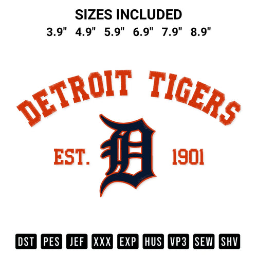 Looking for the perfect pattern? Download the Detroit Tigers Est 1901 Embroidery Design embroidery design today at Designspacks.com. Crisp, clean stitching guaranteed. Available sizes: 3.9