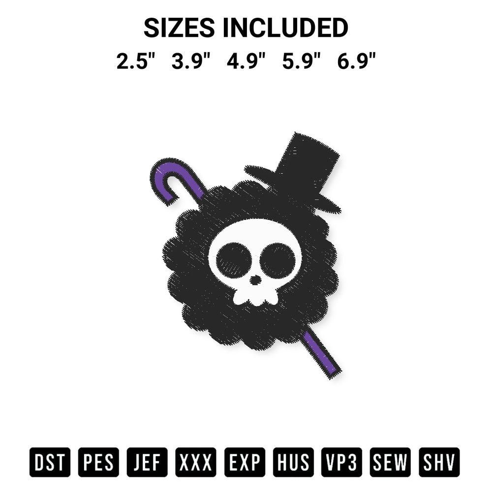 Looking for the perfect pattern? Download the One Piece Brook Jolly Roger Embroidery Design embroidery design today at Designspacks.com. Crisp, clean stitching guaranteed. Available sizes: 2.5", 3.9", 4.9", 5.9", 6.9".