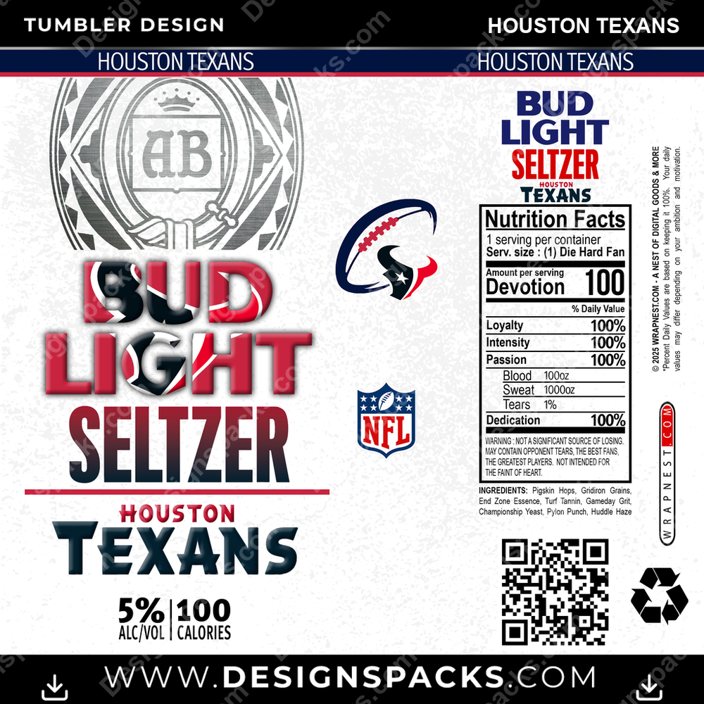 Football Bud Light Seltzer Houston Texans NFL Football Tumbler Digital Wrap Design Download