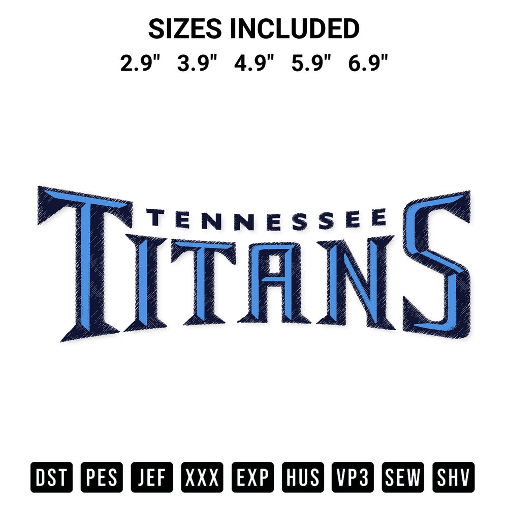 Create amazing crafts with the Tennessee Titans Wordmark Embroidery Design embroidery file. High-quality digital download from Designspacks.com, perfect for beginners and pros. Available sizes: 2.9", 3.9", 4.9", 5.9", 6.9".