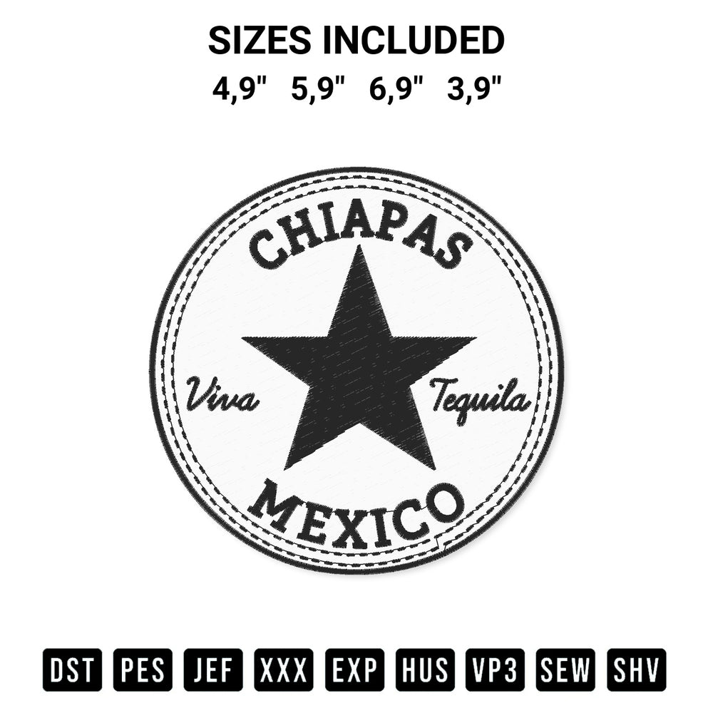 Create amazing crafts with the Chiapas Mexico Viva Tequila Chiapas Mexico Logo Embroidery Design embroidery file. High-quality digital download from Designspacks.com, perfect for beginners and pros. Available sizes: 4,9", 5,9", 6,9", 3,9".