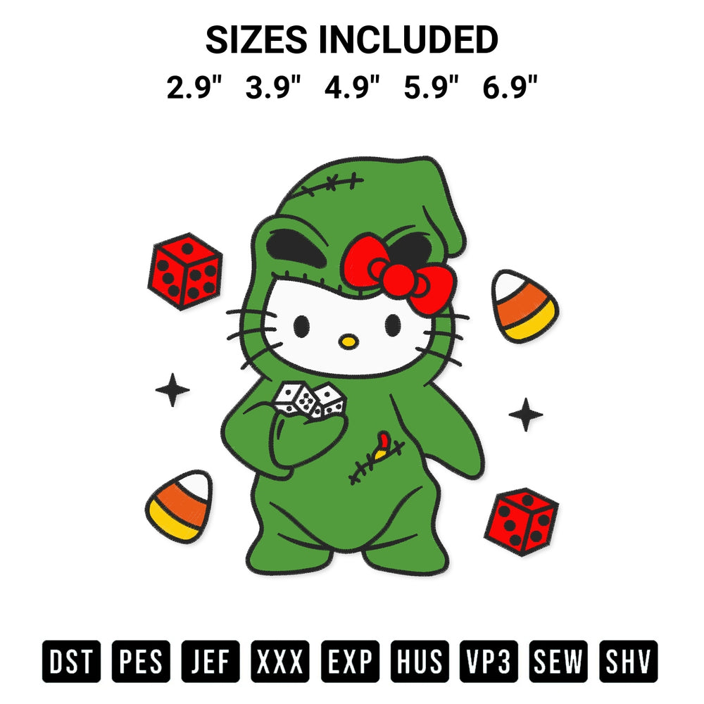 Create amazing crafts with the Oogie Boogie Hello Kitty Embroidery Design embroidery file. High-quality digital download from Designspacks.com, perfect for beginners and pros. Available sizes: 2.9", 3.9", 4.9", 5.9", 6.9".