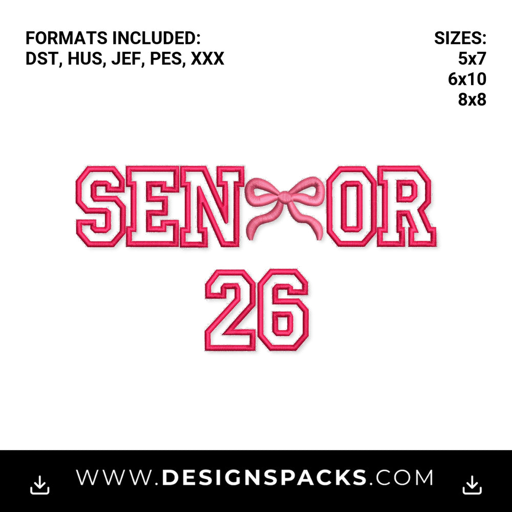 Senior 26 Pink Coquette Bow Embroidery Design - Instant digital download pattern at Designspacks.com