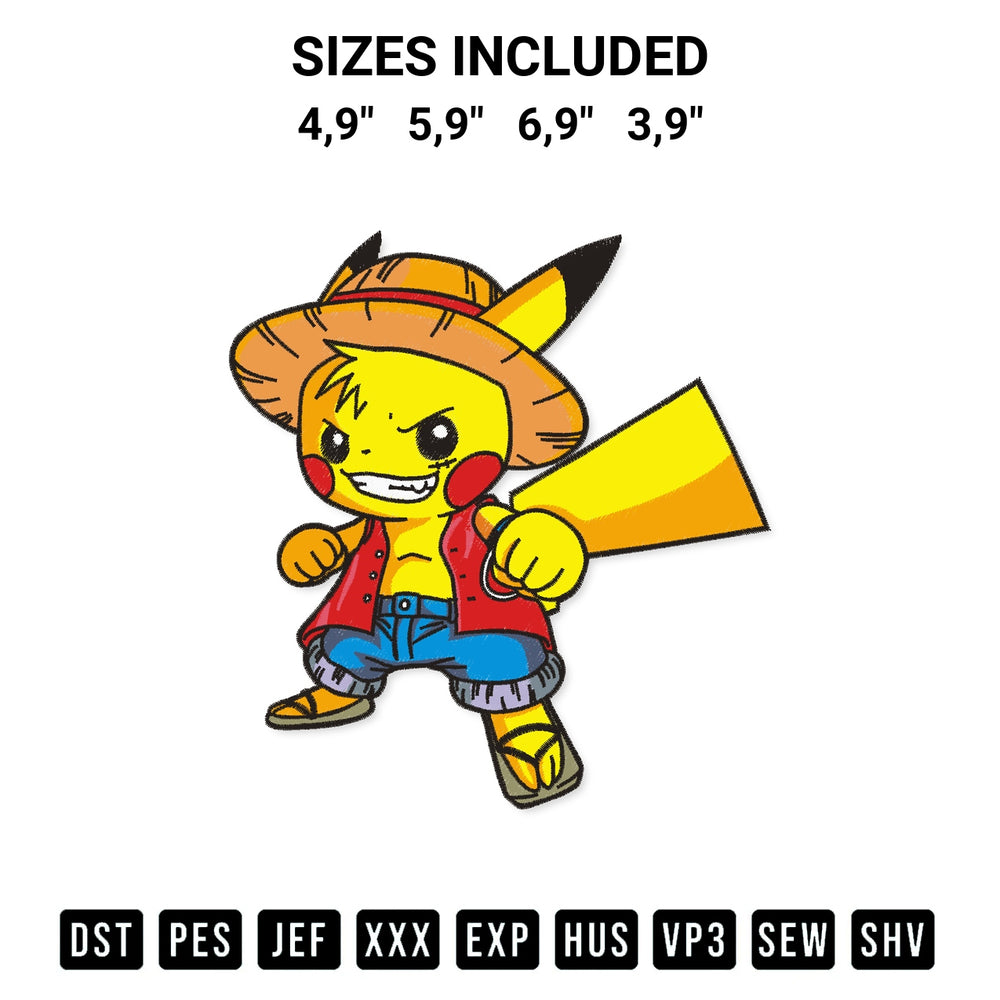 Looking for the perfect pattern? Download the Pikachu Use Costumes Monkey D. Luffy Embroidery Design embroidery design today at Designspacks.com. Crisp, clean stitching guaranteed. Available sizes: 4,9", 5,9", 6,9", 3,9".